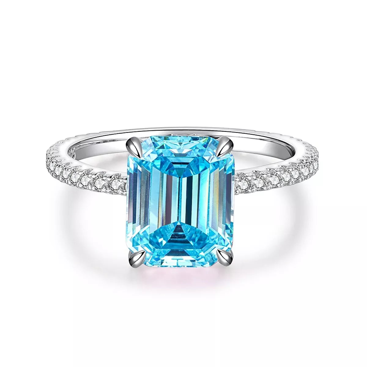 Silver cushion-halo ring shown at an angle against a white background.