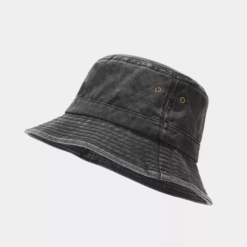 Black washed cotton bucket hat shown from the side