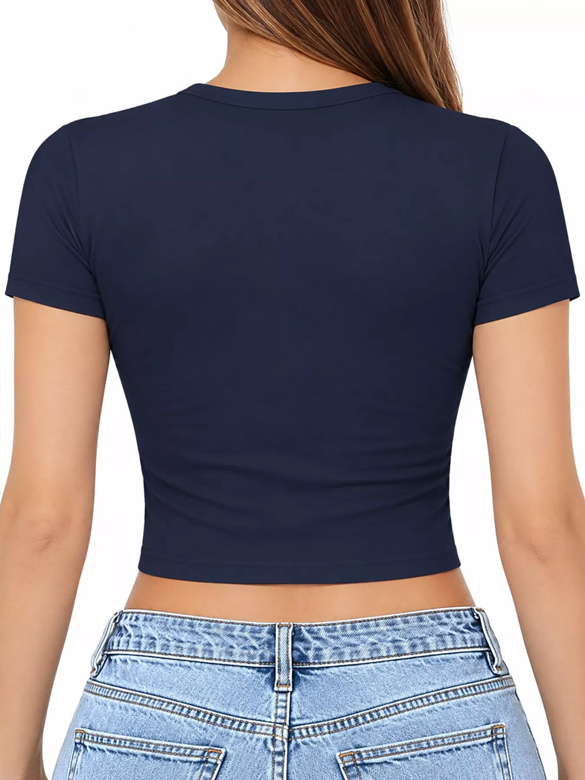 Navy short-sleeve crew neck T-shirt hanging on a wooden hanger.