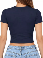 Navy short-sleeve crew neck T-shirt hanging on a wooden hanger.