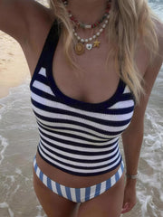 Front view of navy-and-white striped halter cami with wide straps