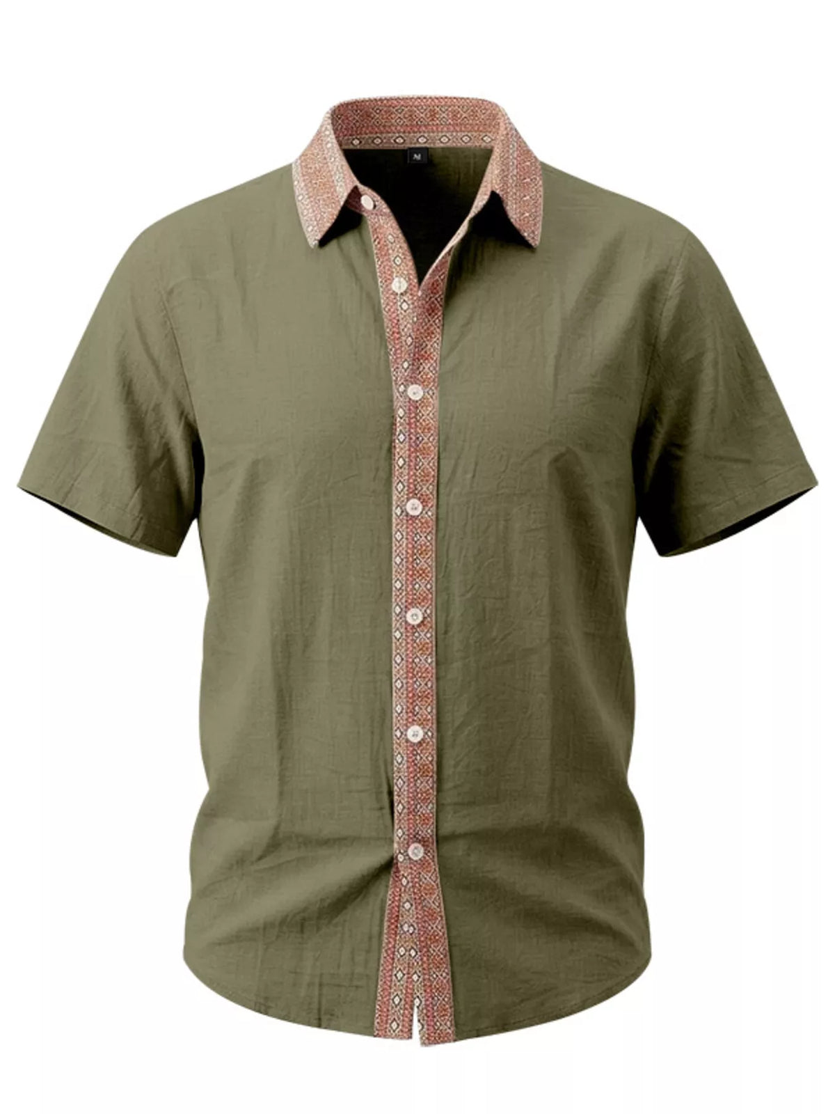 Back view of navy shirt showing plain back and patterned collar