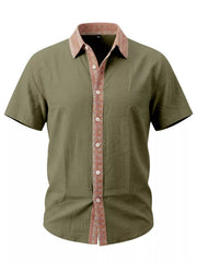 Back view of navy shirt showing plain back and patterned collar