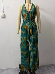 Tie-dye halter jumpsuit displayed on a mannequin from the front