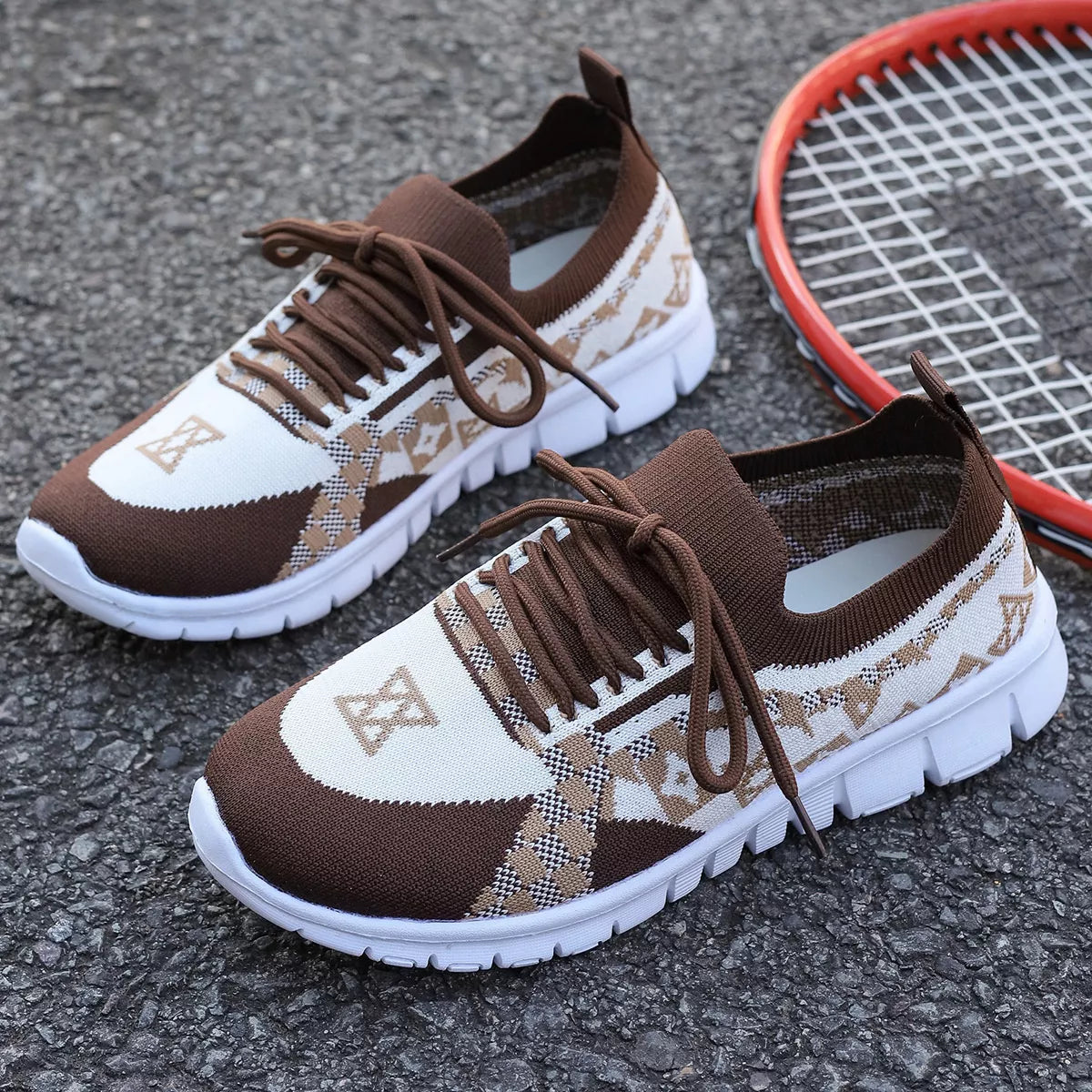 Brown and cream mesh lace-up sneakers with geometric panels, pair view