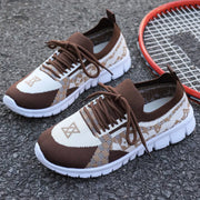 Brown and cream mesh lace-up sneakers with geometric panels, pair view