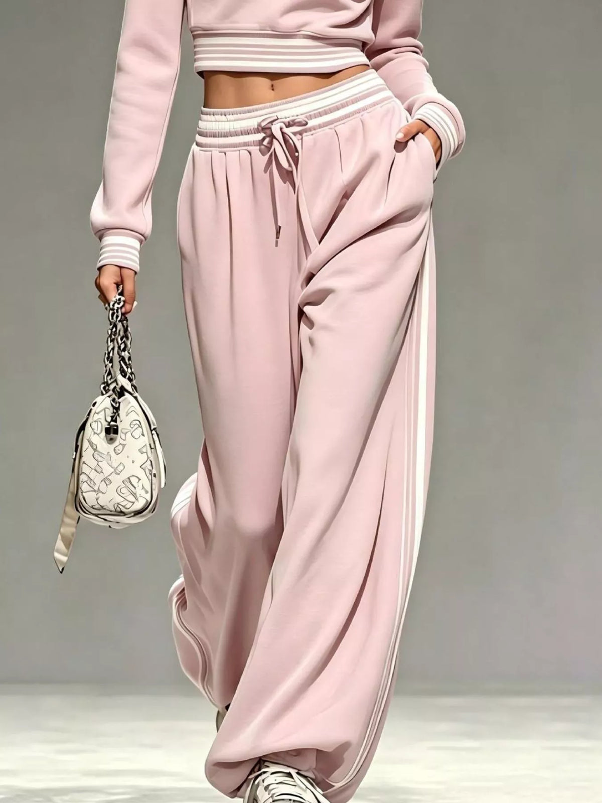 Pink matching set detail showing elastic drawstring waistband and pants pocket