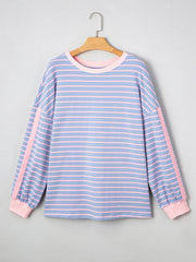 Front product view of blue striped sweatshirt with pink trim