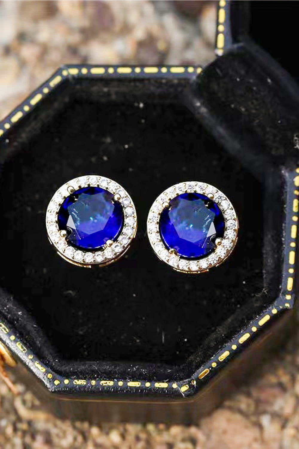Contrast 2 Carat Moissanite Platinum-Plated Stud Earrings — Pair of blue round moissanite stud earrings with halos