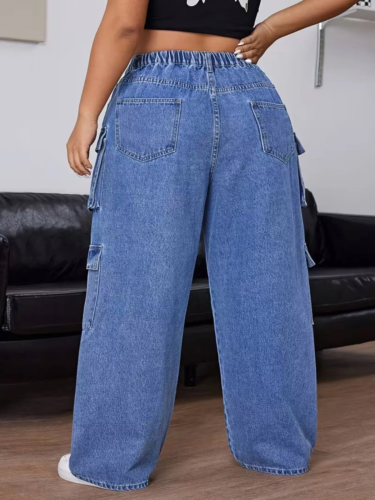 Back view of light blue cargo jeans showing an elasticated waistband and two patch pockets.
