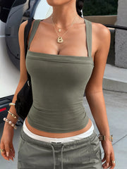 Olive square-neck ribbed cami on a model wearing matching trousers and a shoulder bag.
