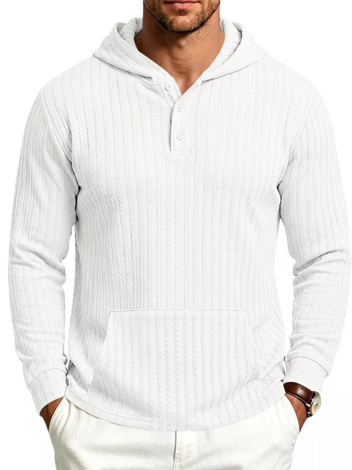 Model wearing white textured knit hoodie with kangaroo pocket