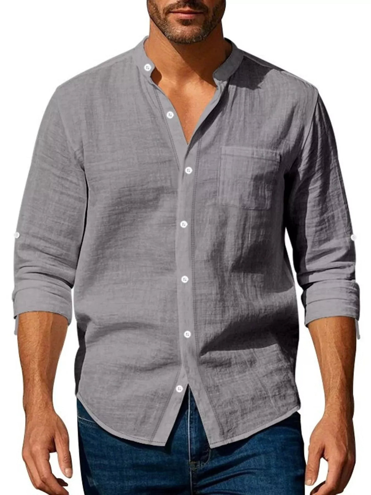 Men’s gray button-up shirt with rolled sleeves and button-front placket