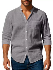 Men’s gray button-up shirt with rolled sleeves and button-front placket