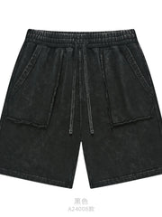 Black pocketed drawstring shorts, full front view