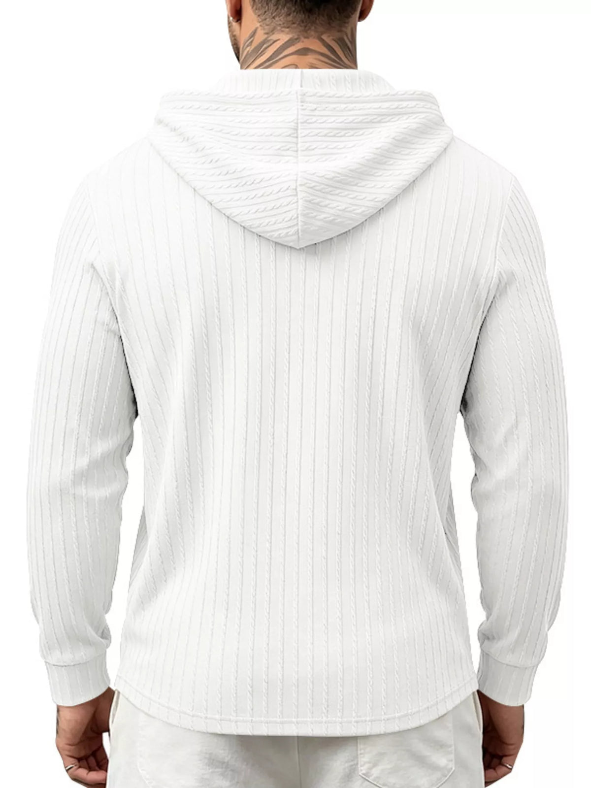 Back view of white hoodie showing hood and textured pattern