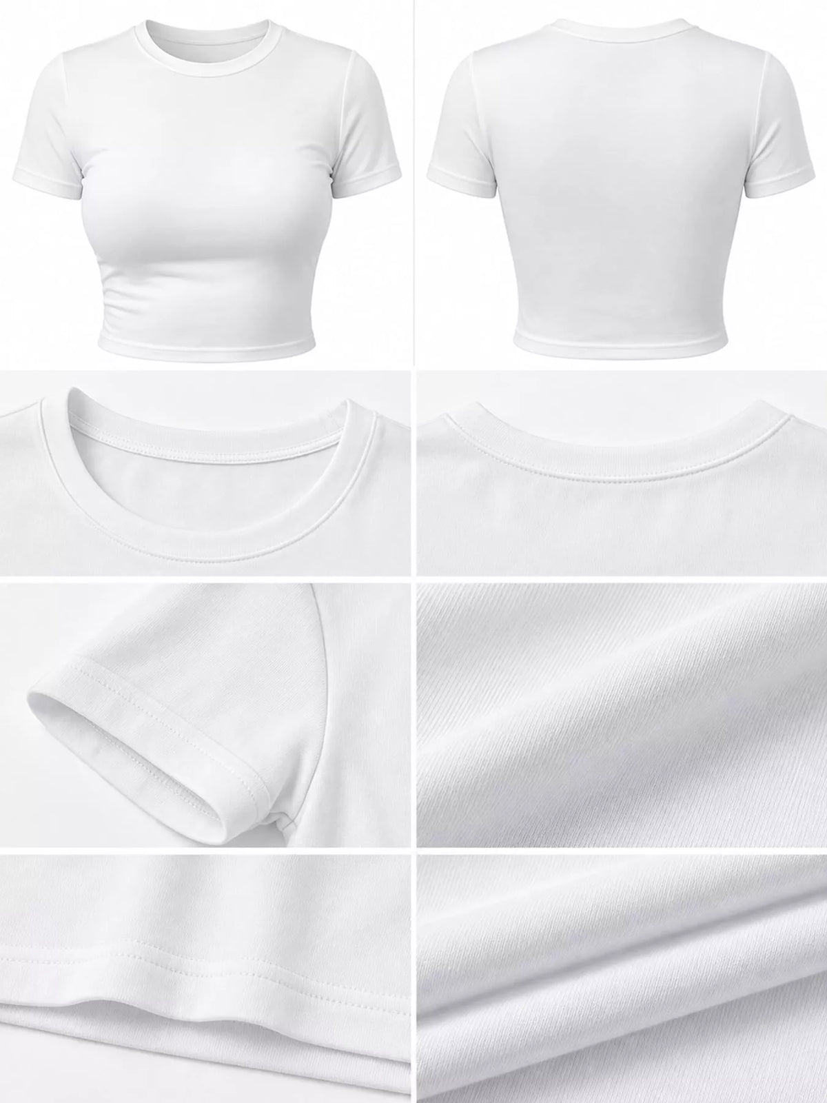 White cropped T-shirt, close-up of the neckline and shoulder seam