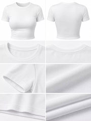 White cropped T-shirt, close-up of the neckline and shoulder seam