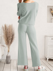 Light gray wide-leg lounge pants shown from waist to hem