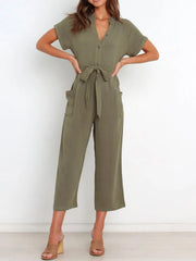 Women's notched short-sleeve tie-waist jumpsuit, olive front view