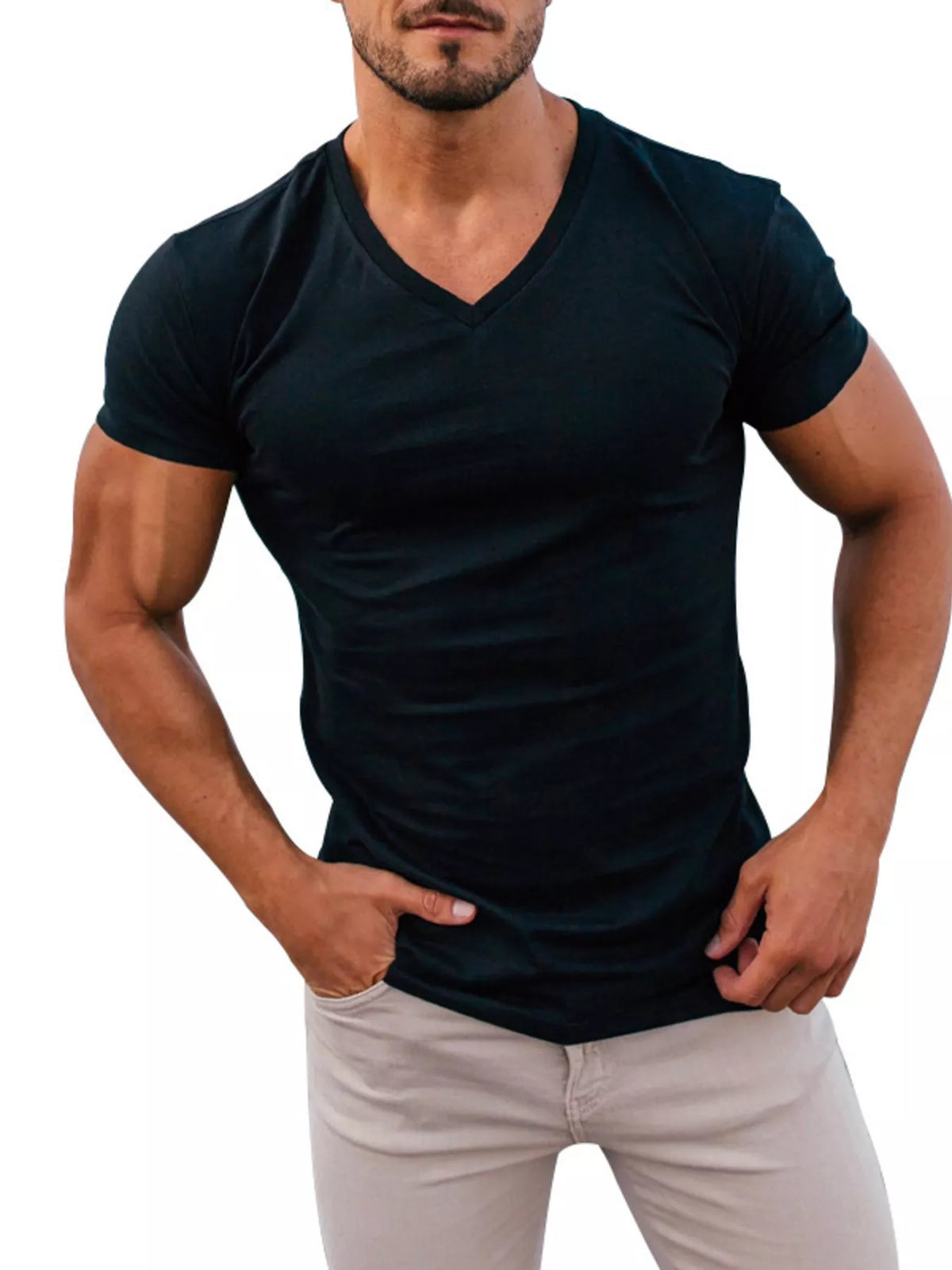 Man wearing a black V-neck slim-fit T-shirt