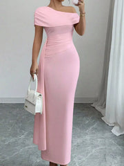 Pink one-shoulder ruched maxi dress, closer front view