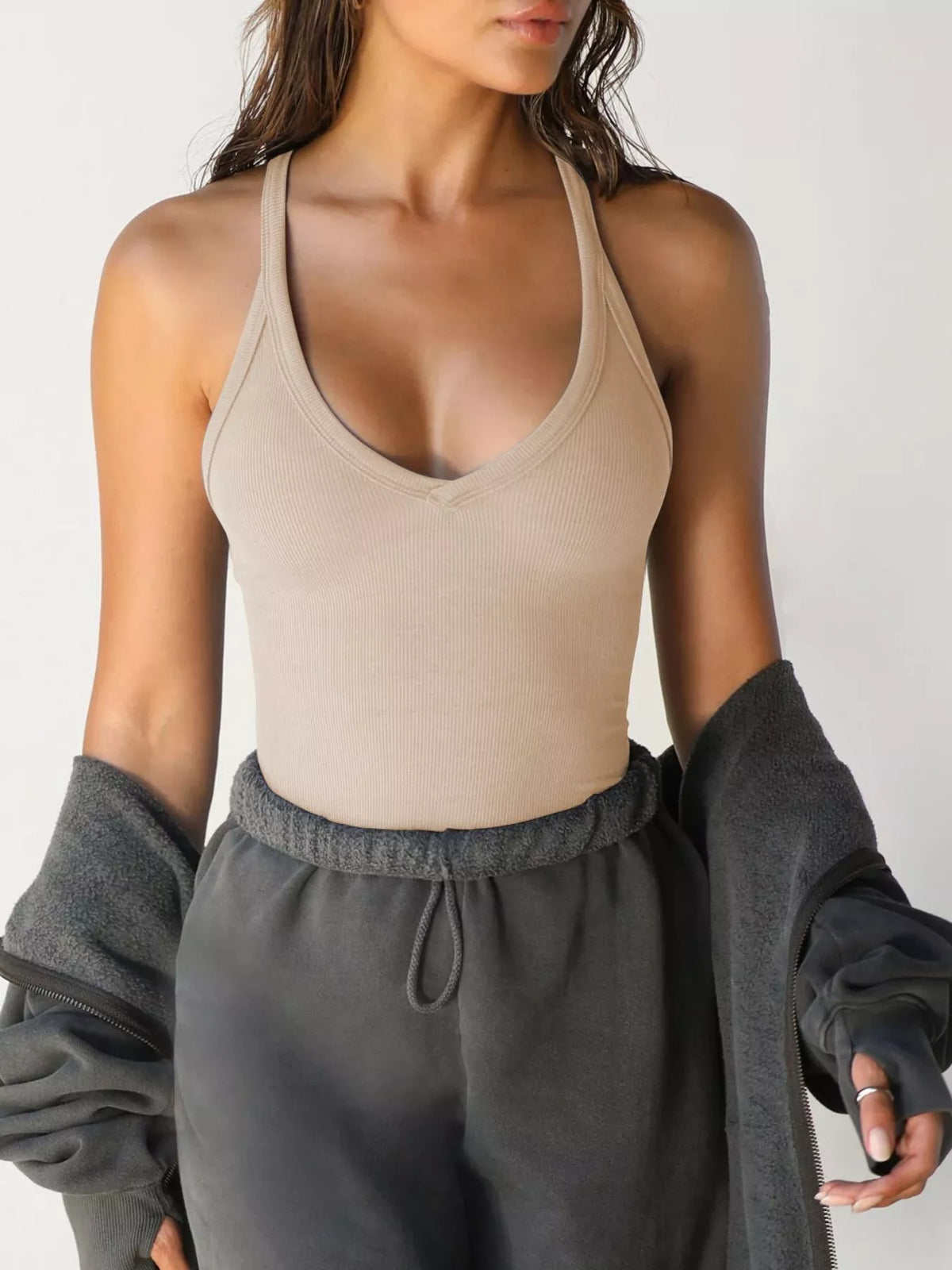 Beige scoop-neck cami front with gray joggers