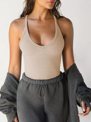 Beige scoop-neck cami front with gray joggers