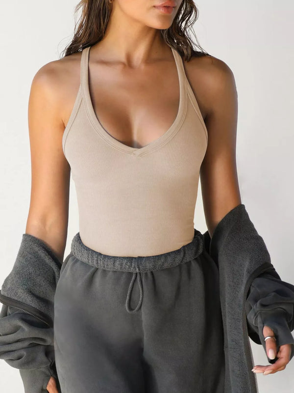 Beige scoop-neck cami front with gray joggers