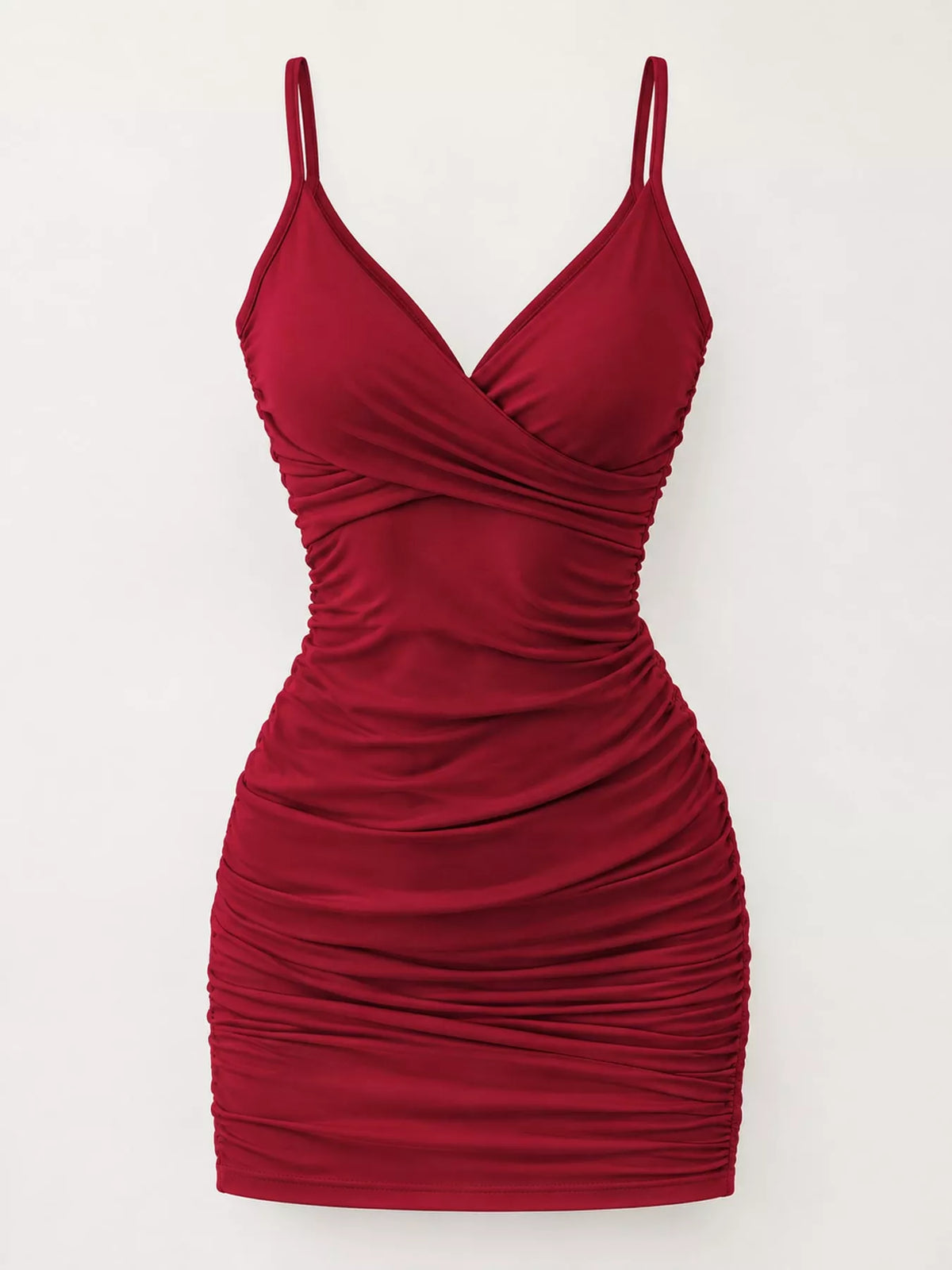 Burgundy wrap-front spaghetti-strap mini dress shown from the front on a mannequin.