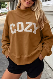 Front view of brown COZY letter mock-neck sweatshirt