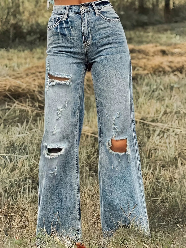 Front detail of light-wash wide-leg jeans showing belt loops and distressed legs