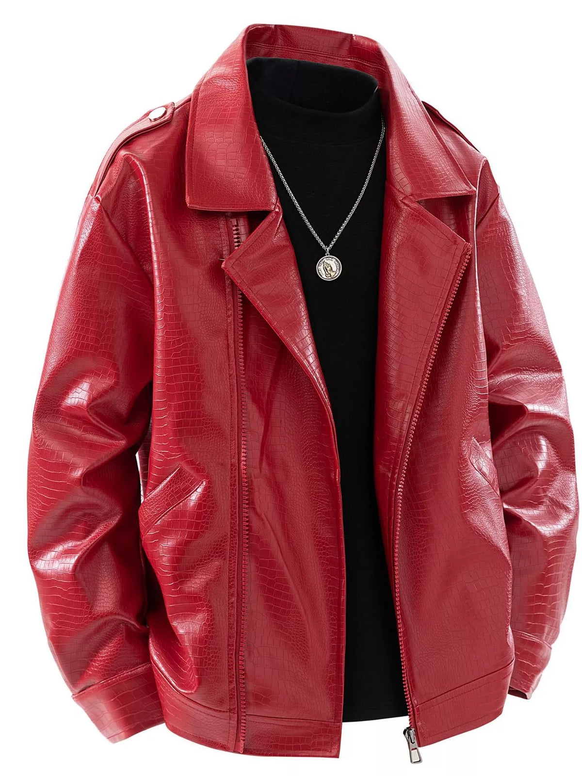 Front view of red lapel-collar jacket over a black shirt