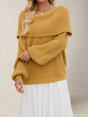 Mustard sweater with wide folded neckline and long sleeves