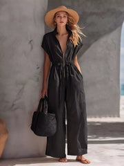 Women's zip-front wide-leg jumpsuit, black front view