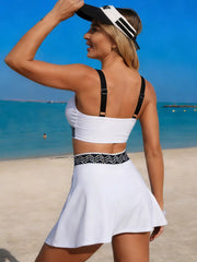 White tank swim set shown from the back with adjustable straps