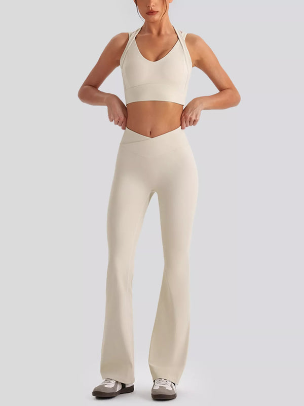 Front view of seamless criss-cross v-neck tank and leggings active set