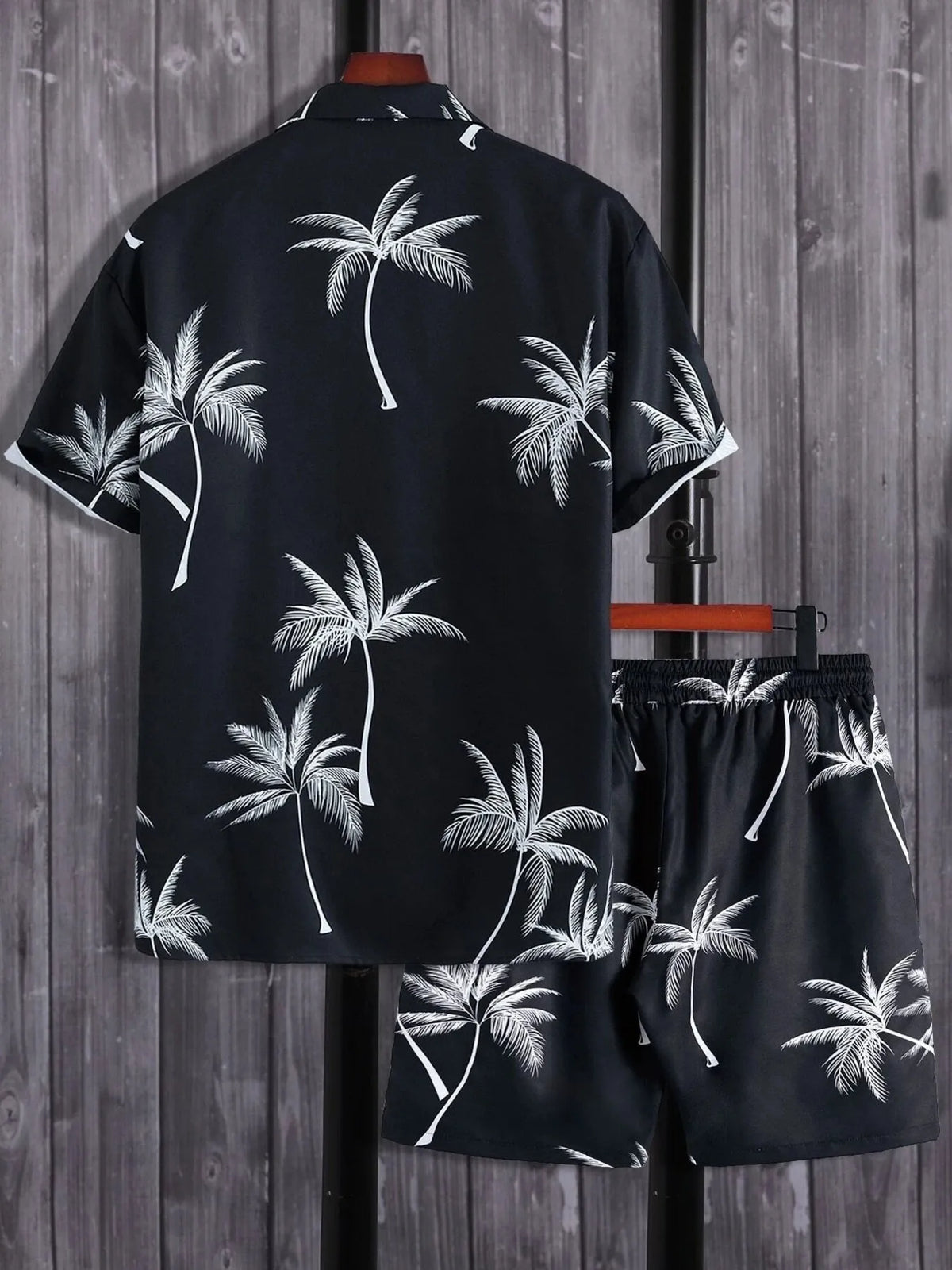 Black palm-print button-up shirt and shorts, back view