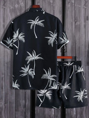 Black palm-print button-up shirt and shorts, back view