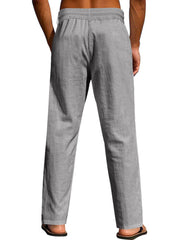 Model wearing gray pants, side view