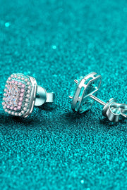 Rectangular pink-bordered stud earrings showing the front setting and rear post