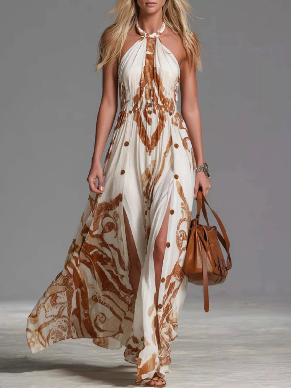 White halter-neck printed maxi dress with brown pattern, front view and high slit