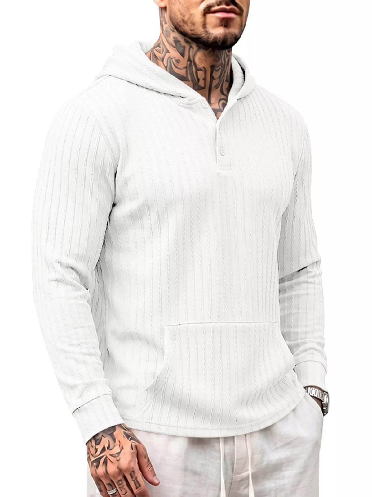 Side view of white textured hoodie with hood