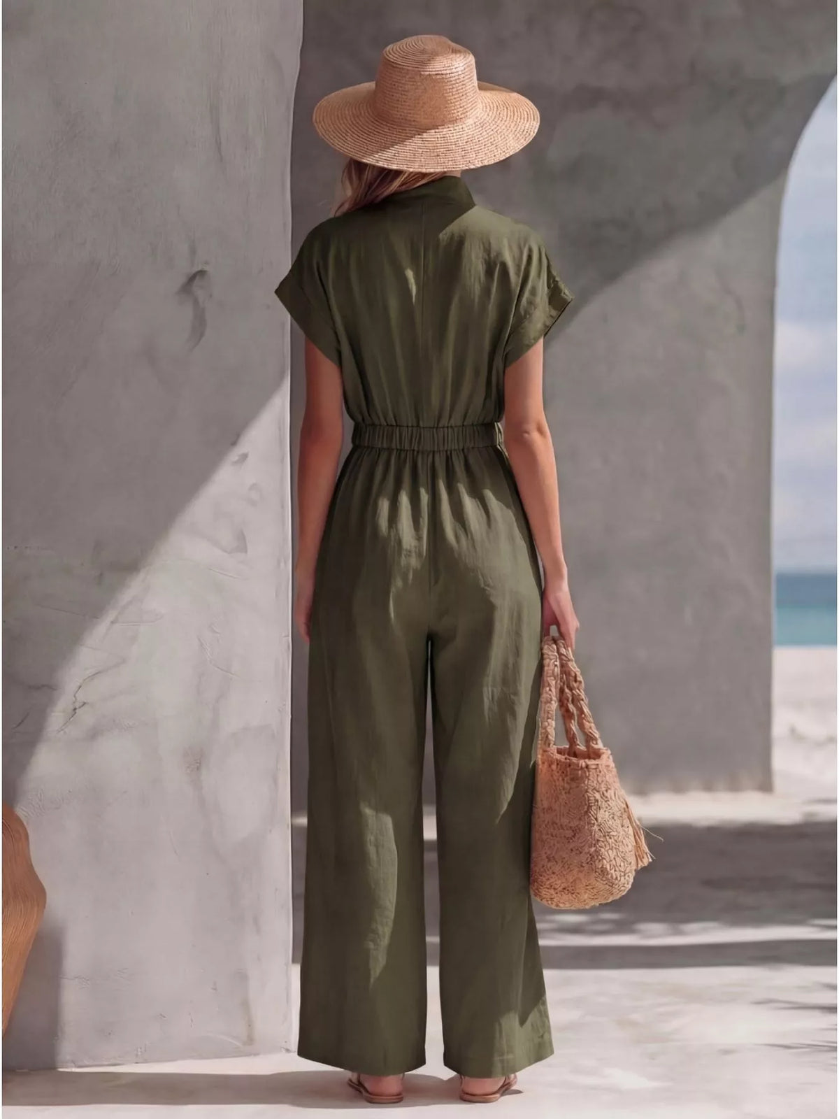 Women's zip-front wide-leg jumpsuit, olive back view
