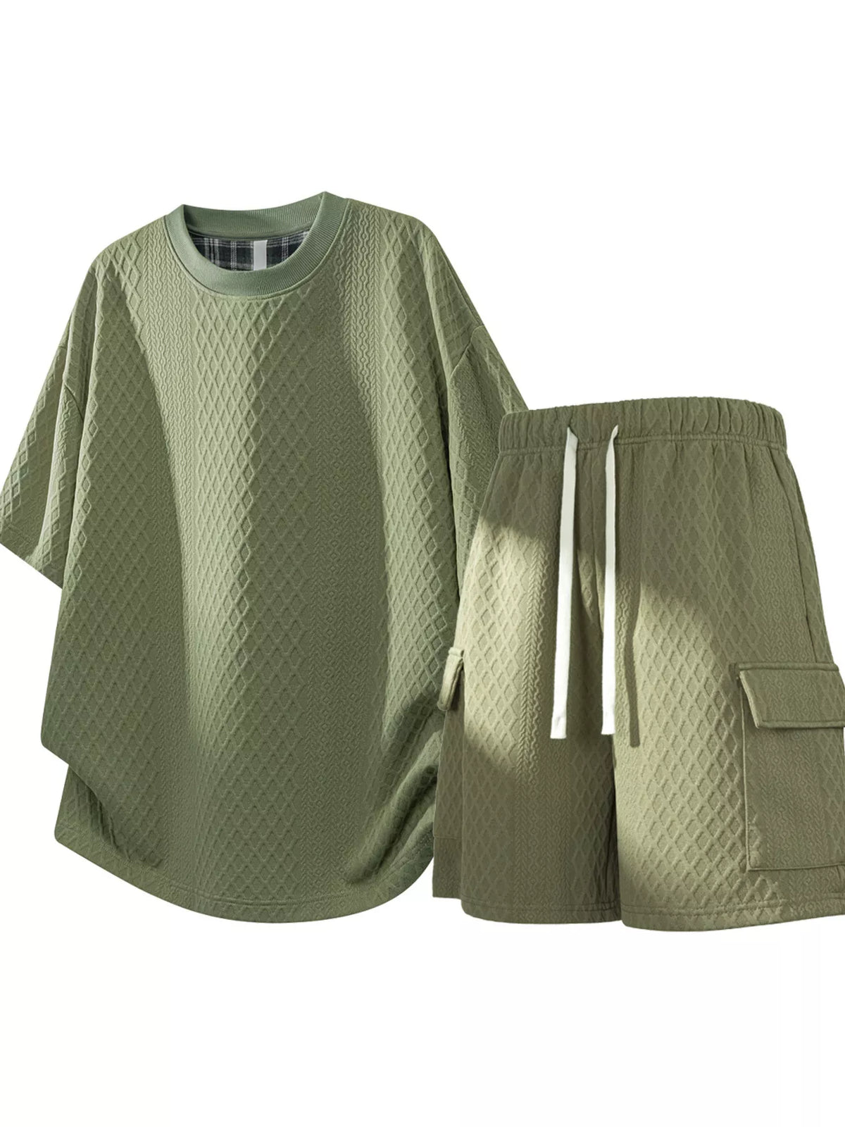 Light olive waffle-knit shirt and drawstring shorts set, front view