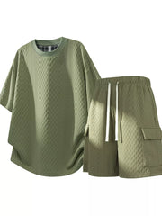 Light olive waffle-knit shirt and drawstring shorts set, front view