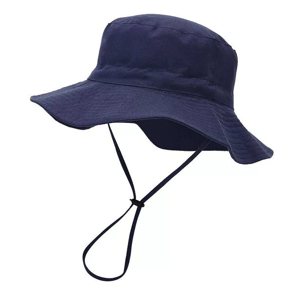 Navy children's bucket hat shown from the side with a wide brim and chin cord.
