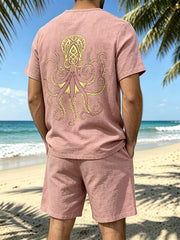 Pink tee and shorts set shown from the back with the octopus graphic on the shirt.