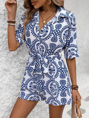 Women's printed tie-waist button-front romper, blue-and-white print front detail