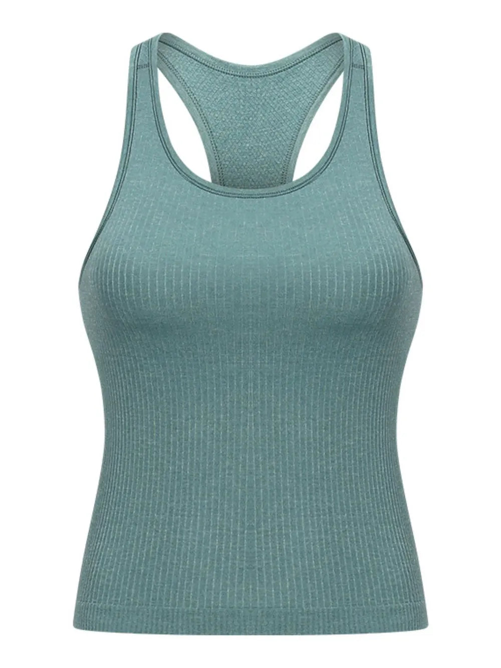 Teal ribbed racerback tank displayed flat to show the front and back straps